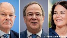 KOMBO - Die Spitzenkandidaten für die kommende Bundestagswahl von CDU/CSU, Armin Laschet (M), Bündnis 90/Die Grünen, Annalena Baerbock (r), und SPD, Olaf Scholz.