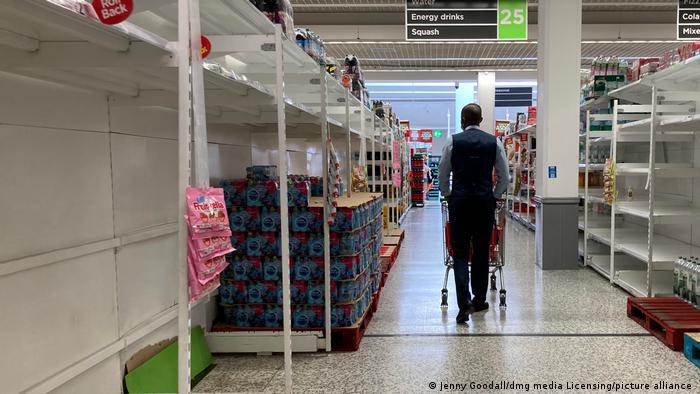A London supermarket with empty shelves, on July 22, 2021.