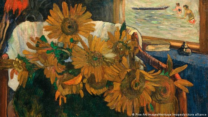 Picture of a bunch of sunflowers on a chair by a window through which two people can be seen in water, painted by Paul Gauguin