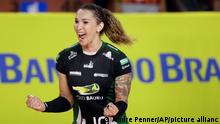Bauru's volleyball player Tiffany Abreu celebrates a point during a Brazilian volleyball league match in Bauru, Brazil, Tuesday, Dec. 19, 2017. Tiffany Abreu is Brazil's first transgender person to play in the top volleyball league for women. (AP Photo/Andre Penner)