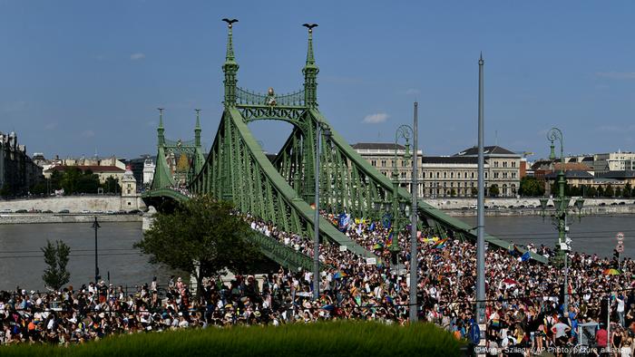 People march across the Szabadsag, or Freedom Bridge during a gay pride parade in Budapest