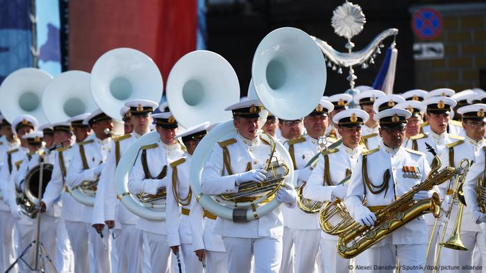 A Russian wind band takes part in the naval parade in Saint Petersburg