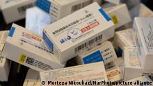 19.07.2021
Boxes of China's Sinopharm new coronavirus disease (COVID-19) vaccines are pictured at a sports hall during general COVID-19 vaccination in central Tehran on July 19, 2021. (Photo by Morteza Nikoubazl/NurPhoto)