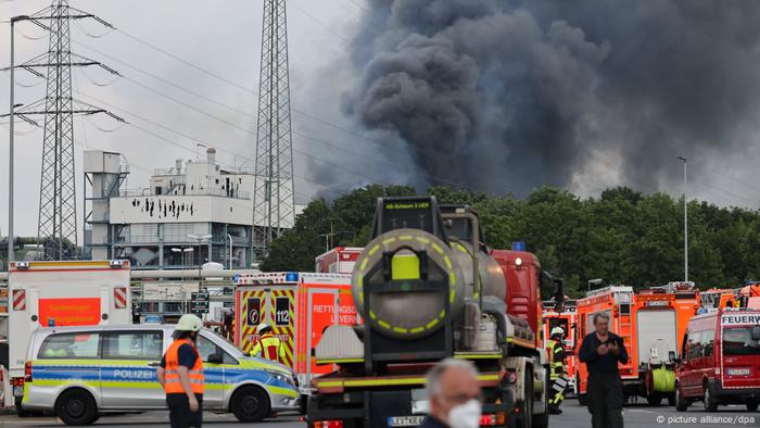 Police and ambulances at the scene of the blast in Leverkusen