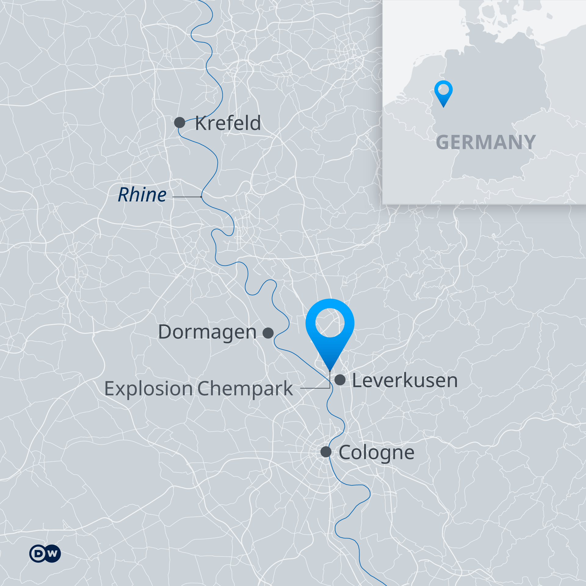 Eine Karte, die zeigt, wo sich die Explosion in Leverkusen ereignet hat