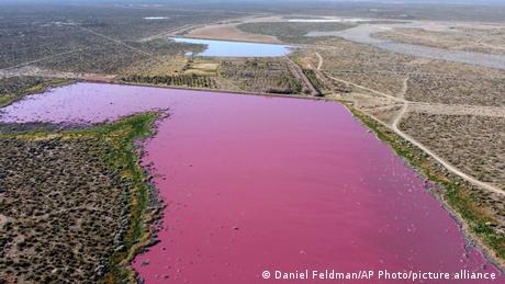 Aerial photo of a lagoon turned pink by industrial run-off 