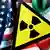 Illustration of US and Iranian flag with a radioactive sign in a yellow triangle