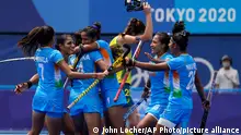 Team India celebrates after Gurjit Kaur scores during a women's field hockey match against Australia at the 2020 Summer Olympics, Monday, Aug. 2, 2021, in Tokyo, Japan. (AP Photo/John Locher)