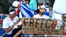 Cuban New Yorkers demonstrate in support for those who struggle to free their country form decades of tyranny, in front of the United Nations on July 23, 2021 in New York City, USA. Demonstrations grow increasingly violent as Cuba is experiencing food and medicine shortages amid a repressive government. (Photo by John Lamparski/NurPhoto)