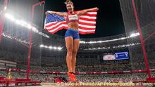 Valarie Allman, of the United States, celebrates after winning the gold medal in the women's discus throw final at the 2020 Summer Olympics, Monday, Aug. 2, 2021, in Tokyo. (AP Photo/David J. Phillip)