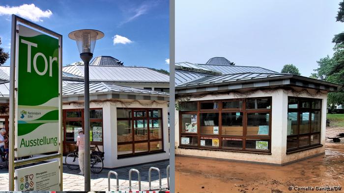 Vor und nach der Flutkatastrophe - der Eingang zum Eifel-Nationalpark 