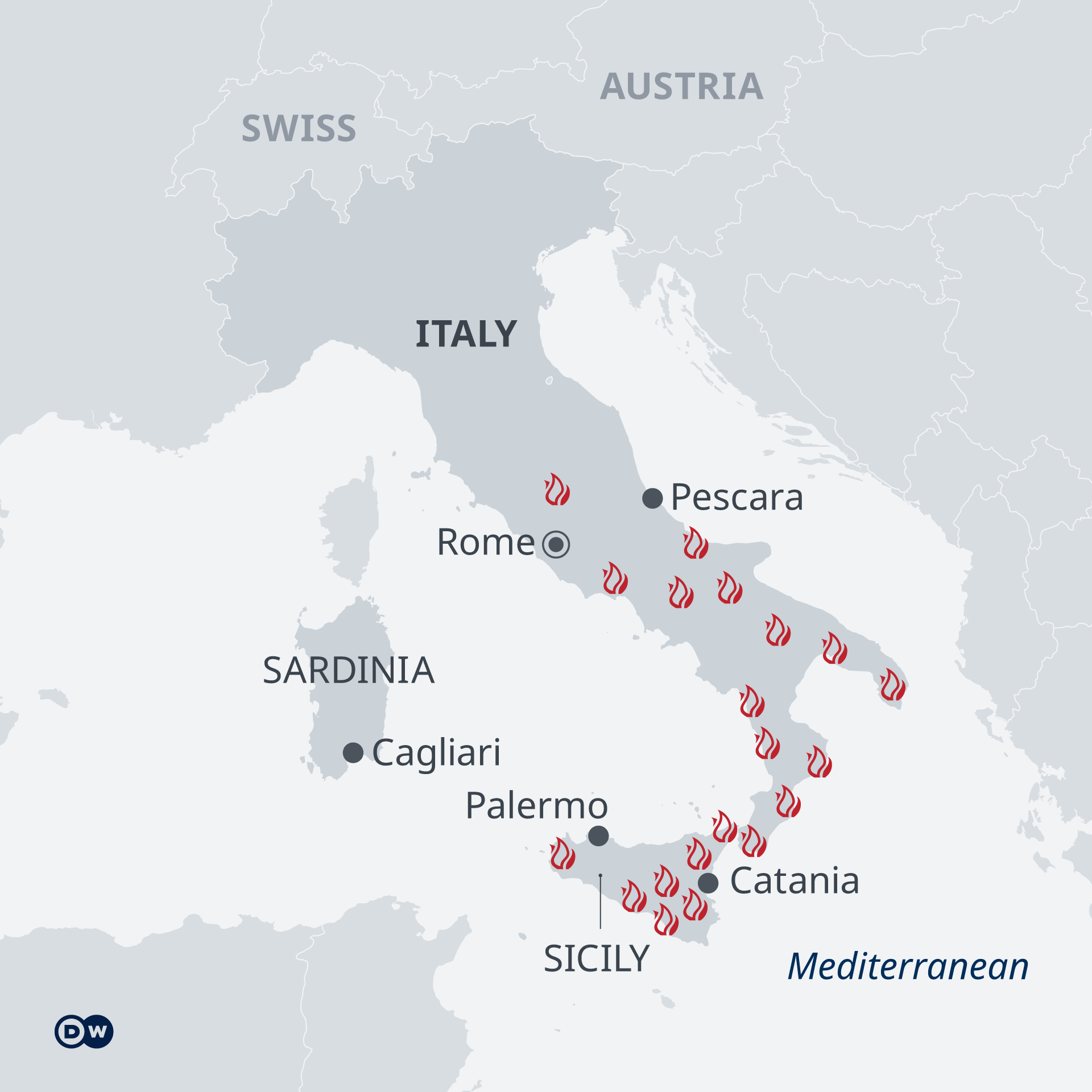 Mappa degli incendi in tutta Italia