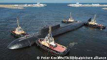 KRONSHTADT, ST PETERSBURG, RUSSIA - JULY 16, 2021: The Project 949AM nuclear-powered cruise missile submarine Orel takes part in a rehearsal for the Russian Navy Day main military parade in the Gulf of Finland. The parade is scheduled for 25 July 2021 in St Petersburg and Kronshtadt. Peter Kovalev/TASS