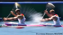 Tokyo 2020 Olympics - Canoe Sprint - Men's K2 1000m - Semifinal 2 - Sea Forest Waterway, Tokyo, Japan – August 5, 2021. Max Hoff of Germany and Jacob Schopf of Germany in action REUTERS/Lindsey Wasson SEARCH OLYMPICS DAY 14 FOR TOKYO 2020 OLYMPICS EDITOR'S CHOICE, SEARCH REUTERS OLYMPICS TOPIX FOR ALL EDITOR'S CHOICE PICTURES.TPX IMAGES OF THE DAY.