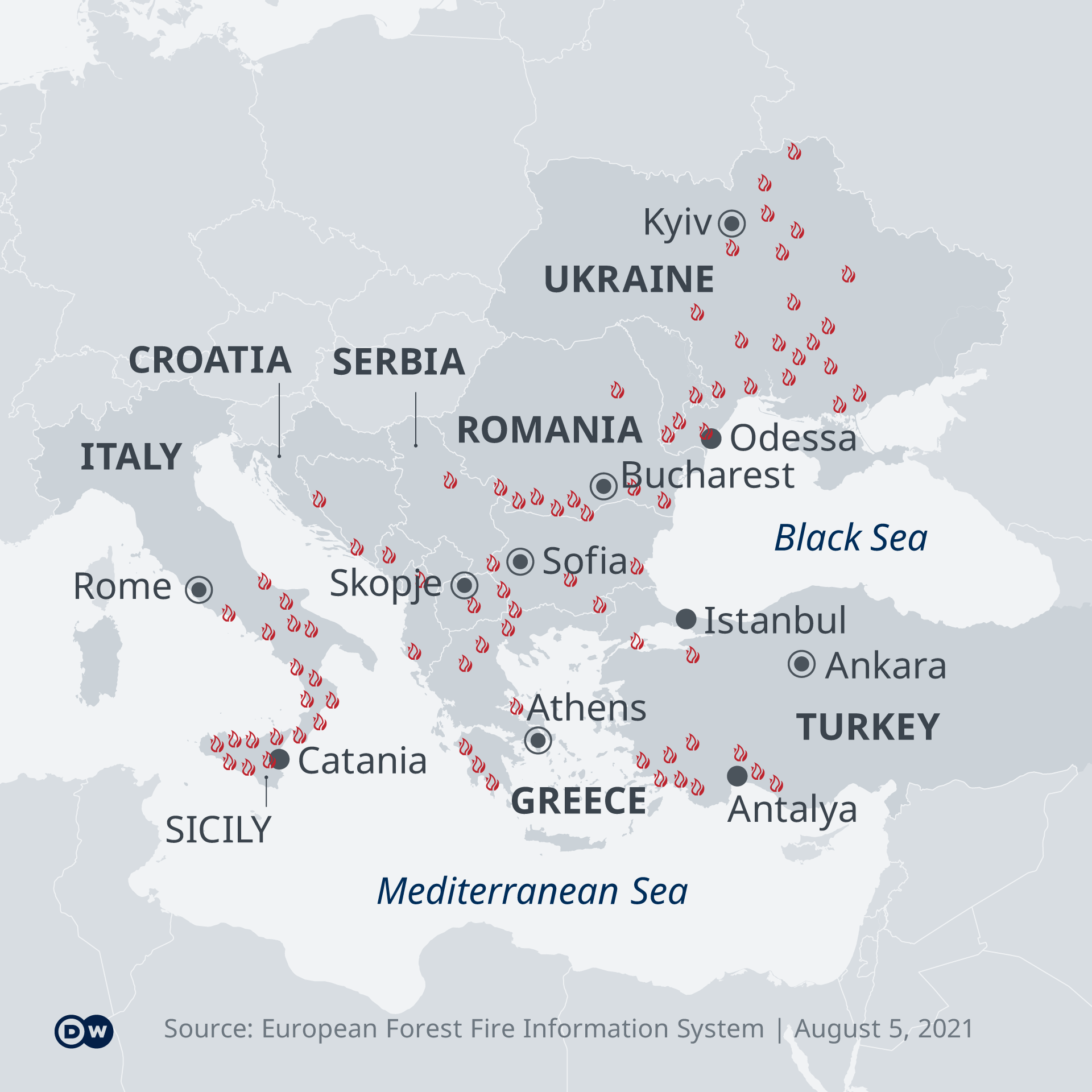 Une carte des feux de forêt qui brûlent dans le sud de l'Europe