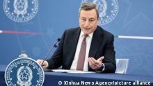 (210722) -- ROME, July 22, 2021 (Xinhua) -- Italian Prime Minister Mario Draghi attends a press conference in Rome, Italy, on July 22, 2021. The COVID Green Pass will be mandatory to enter restaurants, cafes and other eateries in Italy starting from Aug. 6, the government announced Thursday. (Xinhua)