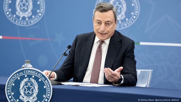 Italian Prime Minister Mario Draghi attends a press conference in Rome