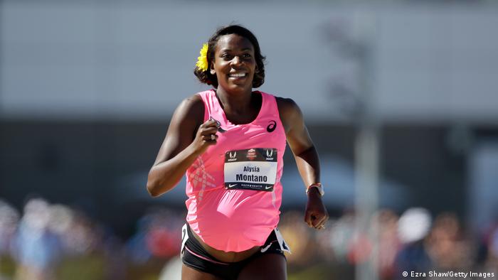 A pregnant Alysia Montano runs in the opening round of the women's 800 meters at the USATF Outdoor Championships