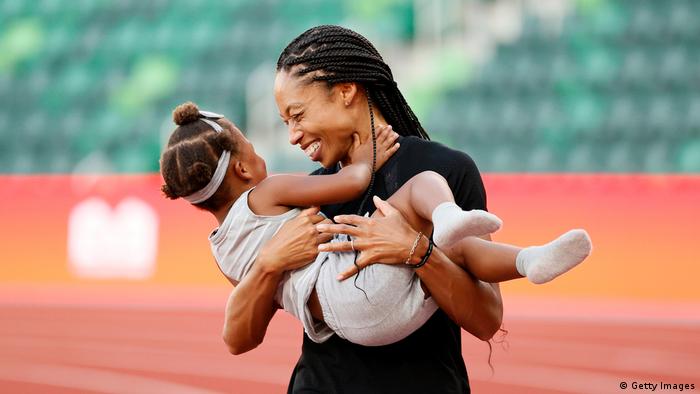 Allyson Felix with her daughter Camryn after the US Olympic Trials in June