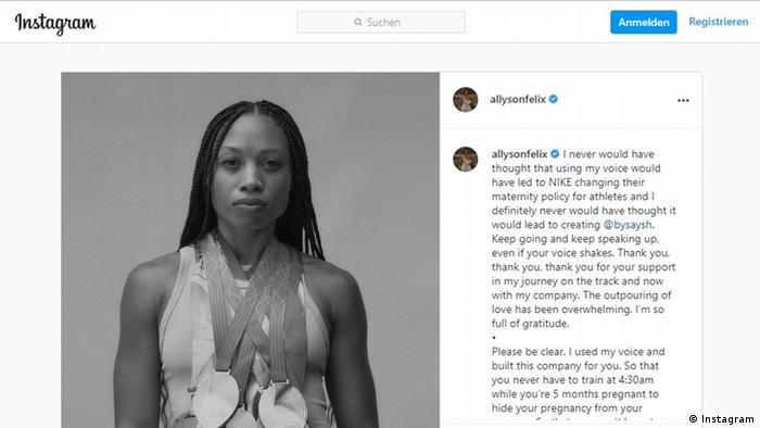 Allyson Felix's Instagram post responding to Nike changing its maternity policy