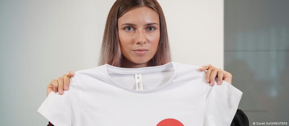 Velocista belarussa Krystsina Tsimanouskaya em coletiva de imprensa em Varsóvia Velocista belarussa Krystsina Tsimanouskaya em coletiva de imprensa em Varsóvia