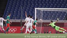 Mexico's forward VEGA Alexis (11) heads a goal during the second half of the Bronze Medal Match against Japan at Saitama Stadium in Saitama Prefecture on Aug. 6, 2021. ( The Yomiuri Shimbun via AP Images )