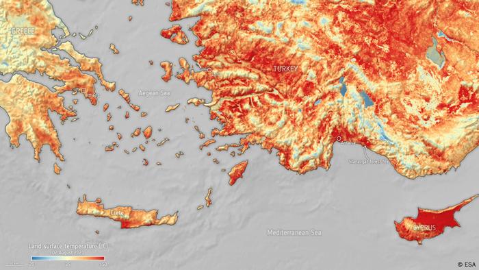 Haritada 2 Ağustos tarihinde Akdeniz bölgesinde sıcaklıkların kısmen 50 dereceyi geçtiği görülüyor. (Kaynak: ESA)