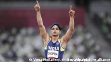 Neeraj Chopra of India during the final of men's javelin throw of the Tokyo Summer Olympic Games at the Olympic Stadium, on August 7th, 2021. LEHTIKUVA / VESA MOILANEN - FINLAND OUT. NO THIRD PARTY SALES.