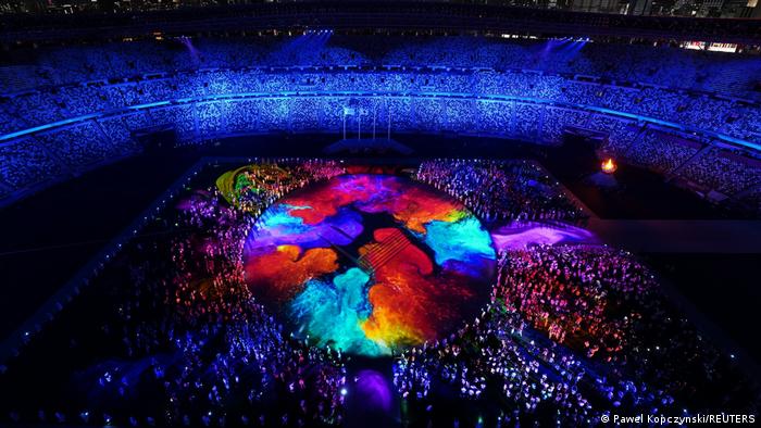 The light show at the closing ceremony for the Tokyo Olympics
