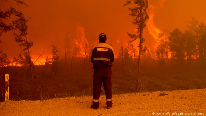 Сотрудник МЧС на опушке горящего леса в Якутии