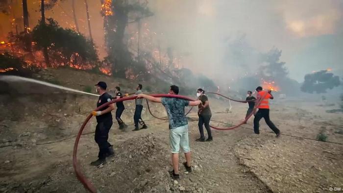 Homens ajudam bo,beiros com mangueiras a acabarem fogo em árvores