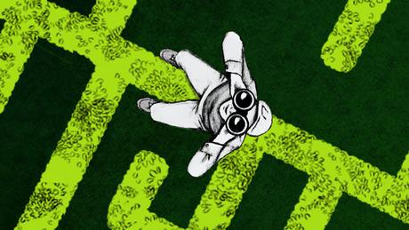 The logo for On the Green Fence, showing an illustration of person looking up with binoculars, sitting on a green hedge