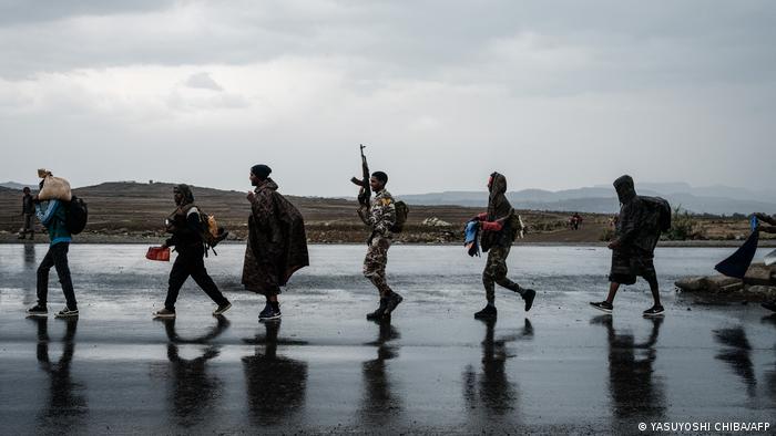 Soldiers of Tigray Defence Force (TDF) walk in a line in Mekele, Tigray region, Ethiopia, on June 30, 2021