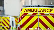 Ambulances sit outside the emergency department of the Royal London Hospital in London, England, on January 25, 2021. Across the UK, deaths recorded within 28 days of a positive covid-19 test look set to rise above 100,000 this week, with the current figure at 98,531. In London and most other regions of England, however, coronavirus rates appear to be falling, according to data reported today. (Photo by David Cliff/NurPhoto)