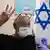 A man in Israel receives his third coronavirus vaccine jab and holds up three fingers as a symbol
