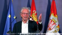 Austrian author Peter Handke speaks during a ceremony after receives the Order of the Karadjordje's Star from Serbian President Aleksandar Vucic in Belgrade, Serbia, Sunday, May 9, 2021. Serbia has decorated Austrian Nobel literature laureate Peter Handke, who is known for his apologist views over Serb war crimes during the 1990s' wars in the Balkans. (AP Photo/Darko Vojinovic)