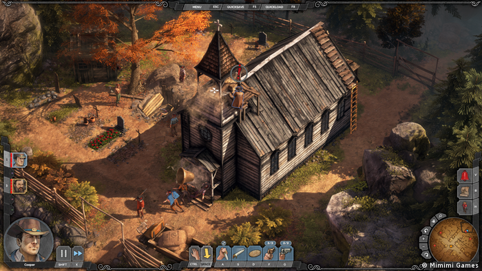 Still from the game 'Desperados III': a computer depiction of a wooden church in a fall landscape, with icons of cowboys and different tools to play the game.