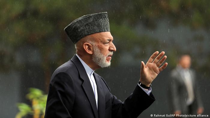 Former president Hamid Karzai speaking at a news conference in July 2021 in Kabul