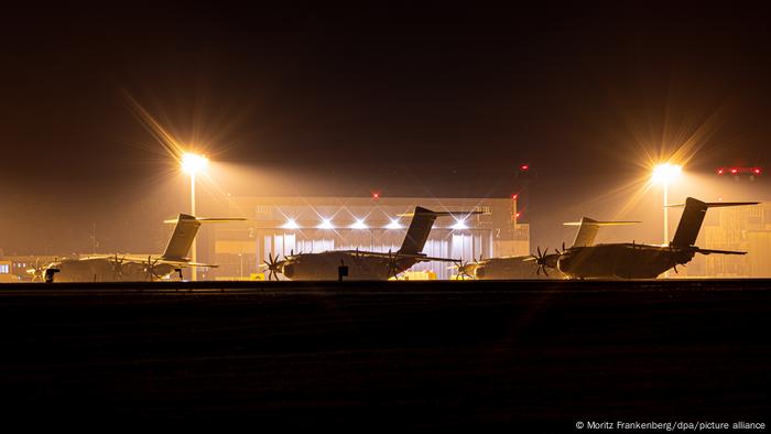 German military A400M transport planes on the tarmac at an airfield near Hanover. 