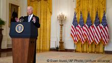 President Joe Biden speaks about Afghanistan from the East Room of the White House, Monday, Aug. 16, 2021, in Washington. (AP Photo/Evan Vucci)