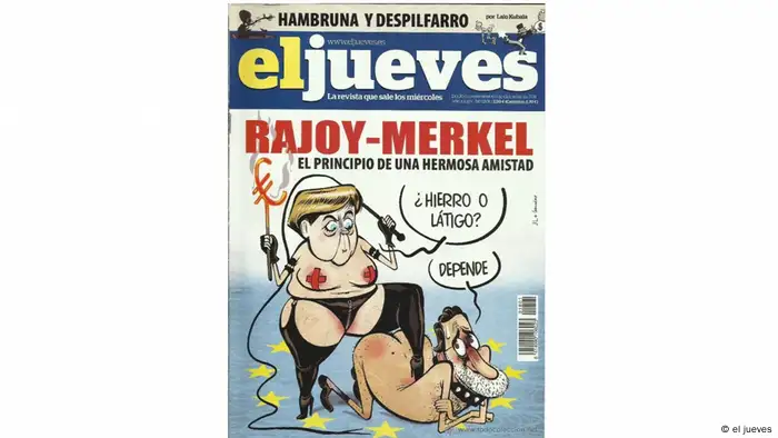 Angela Merkel and Mariano Rajoy as caricatures on the cover of El Jueves magazine