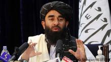 Taliban spokesman Zabihullah Mujahid speaks during a news conference in Kabul, Afghanistan August 17, 2021. REUTERS/Stringer NO RESALES. NO ARCHIVES
