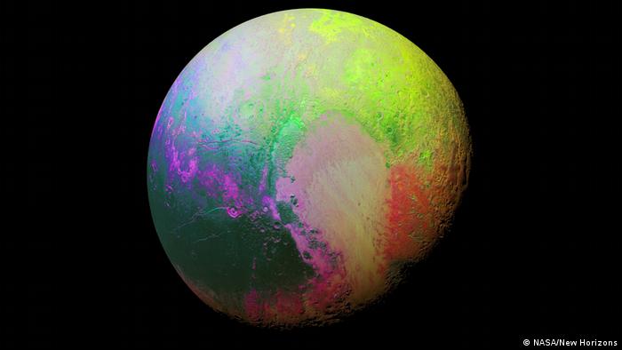 Pluto covered in a variety of colors