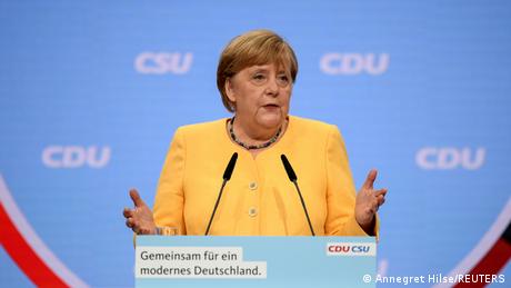 Angela Merkel pendant le coup d'envoi de la campagne électorale de 2021