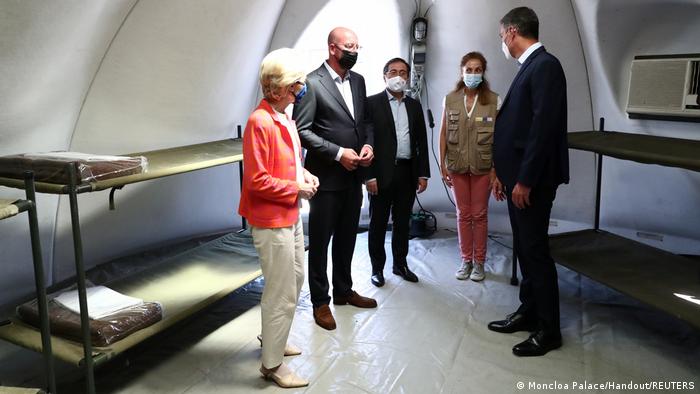 Spanish PM Pedro Sanchez, von der Leyen and European Council President Charles Michel visited tents where Afghan evacuees sleep