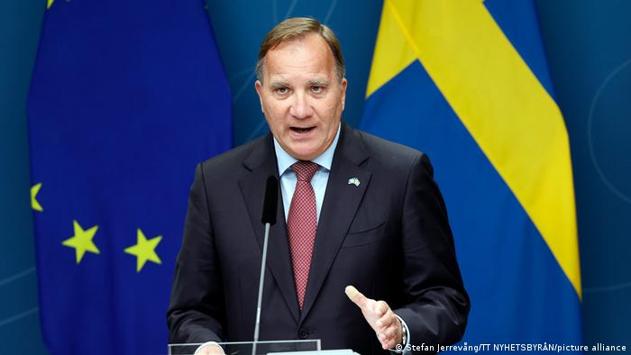 Stefan Lofven pictured at digital press conference in August 2021