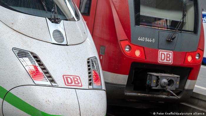 The front end of two of Deutsche Bahn trains