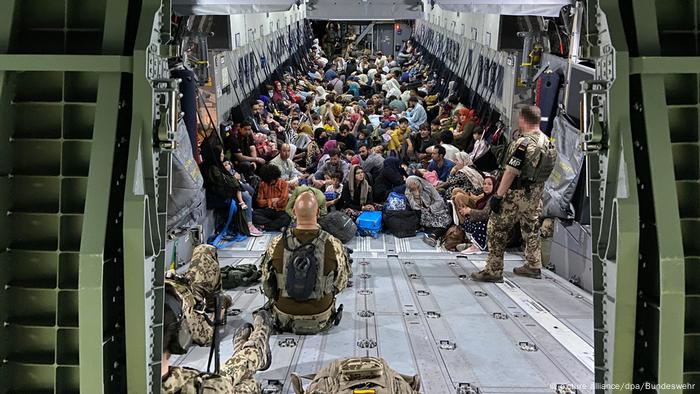 A Germany army plane carries evacuees to safety