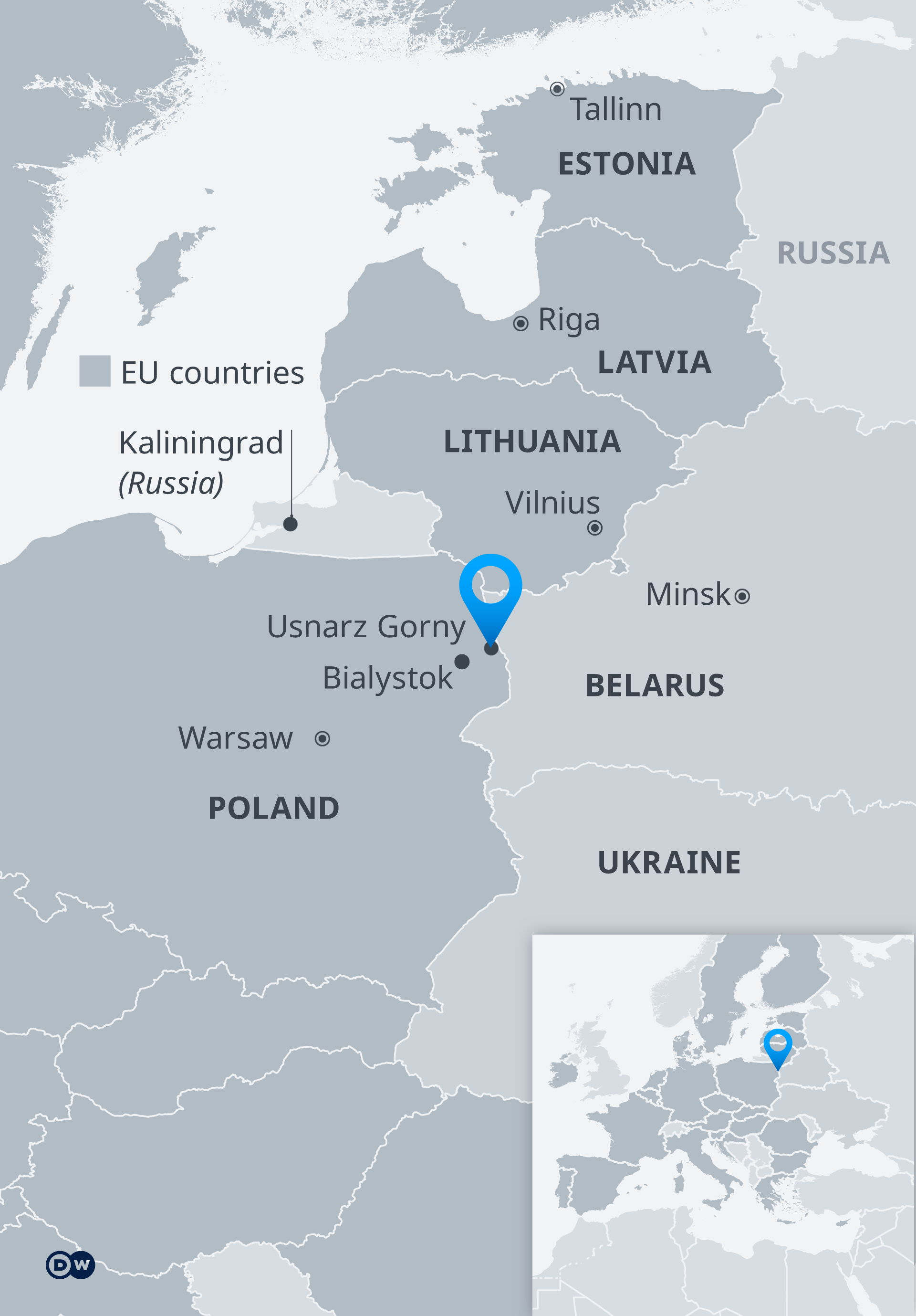 Map: Poland, Ukraine, Belarus, Lithuania and Kaliningrad, the Russian mainland north