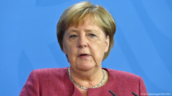 German Chancellor Angela Merkel delivers a press conference after a virtual G7 summit on the crisis triggered by Taliban's return to power in Afghanistan